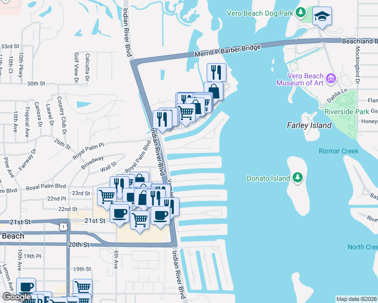 map of restaurants, bars, coffee shops, grocery stores, and more near 175 Mckee Lane in Vero Beach