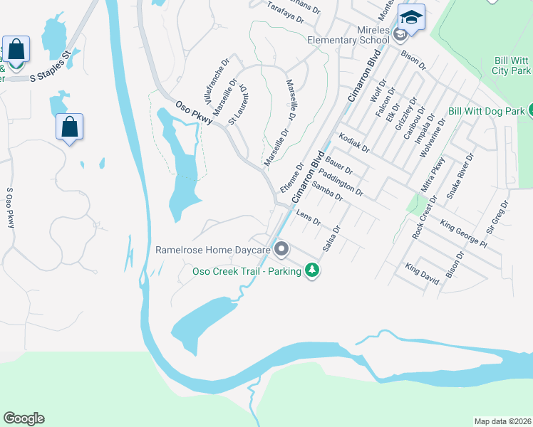 map of restaurants, bars, coffee shops, grocery stores, and more near 6329 Oso Parkway in Corpus Christi