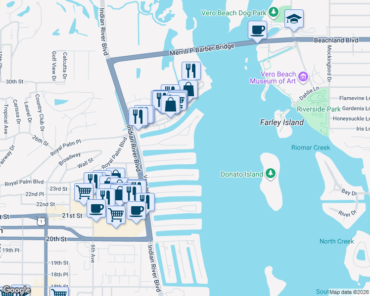 map of restaurants, bars, coffee shops, grocery stores, and more near 135 Mckee Lane in Vero Beach
