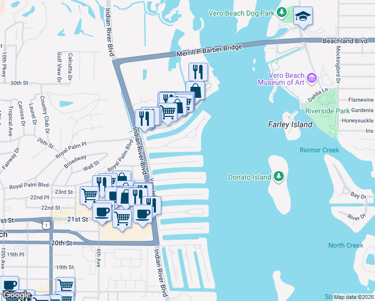map of restaurants, bars, coffee shops, grocery stores, and more near 135 Mckee Lane in Vero Beach