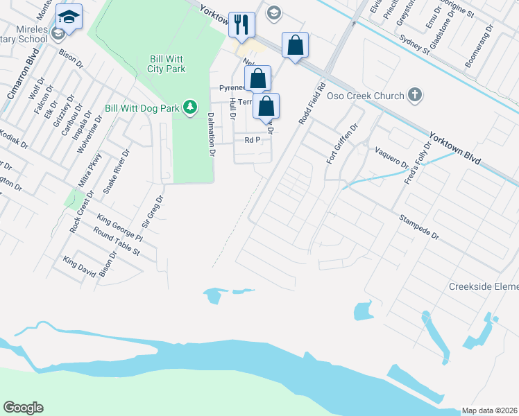 map of restaurants, bars, coffee shops, grocery stores, and more near 7201 Bryson Way in Corpus Christi