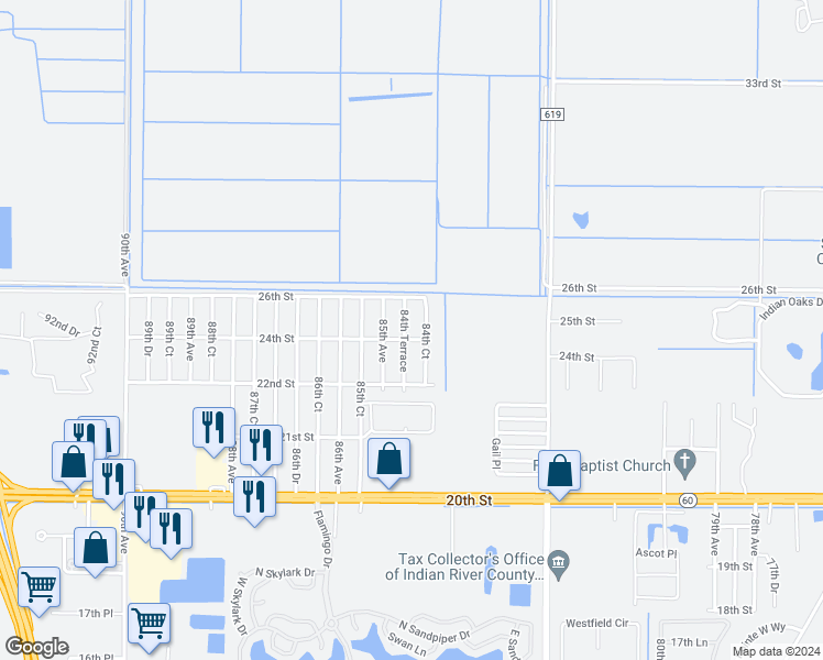 map of restaurants, bars, coffee shops, grocery stores, and more near 2420 84th Terrace in Vero Beach