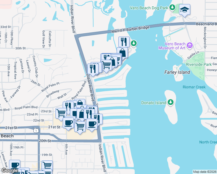 map of restaurants, bars, coffee shops, grocery stores, and more near 175 Mckee Lane in Vero Beach