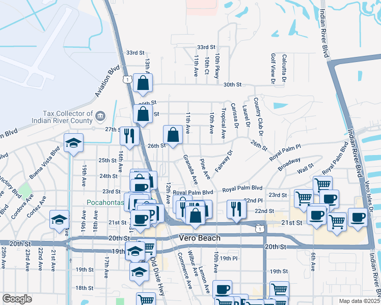map of restaurants, bars, coffee shops, grocery stores, and more near 1036 25th Street in Vero Beach