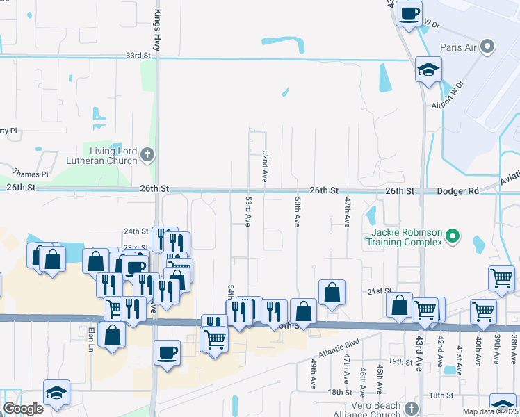 map of restaurants, bars, coffee shops, grocery stores, and more near 2430 53rd Avenue in Vero Beach