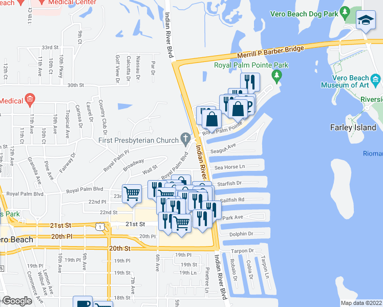 map of restaurants, bars, coffee shops, grocery stores, and more near 523 Royal Palm Boulevard in Vero Beach
