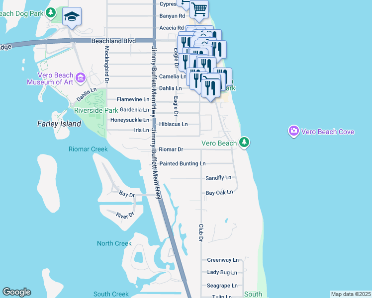 map of restaurants, bars, coffee shops, grocery stores, and more near 835 Riomar Drive in Vero Beach