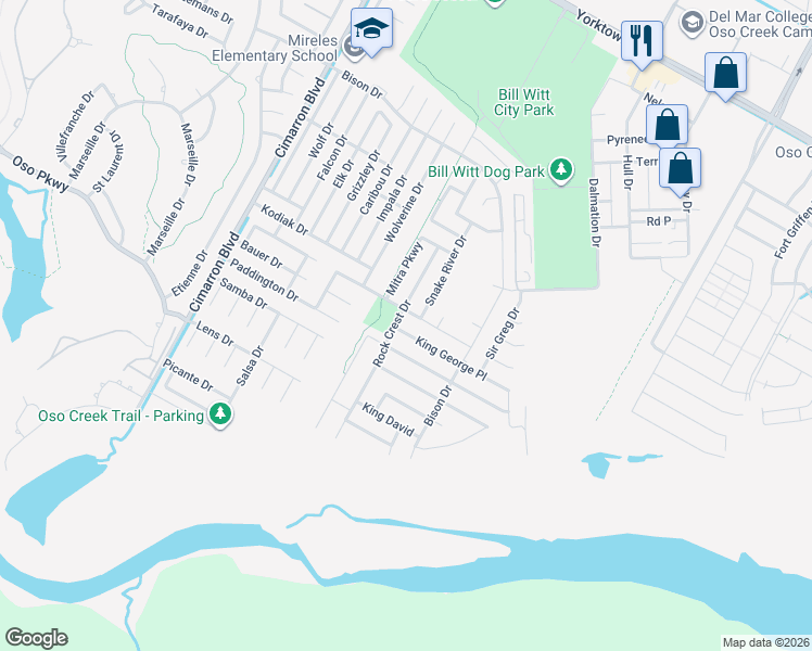 map of restaurants, bars, coffee shops, grocery stores, and more near 6810 King George Place in Corpus Christi