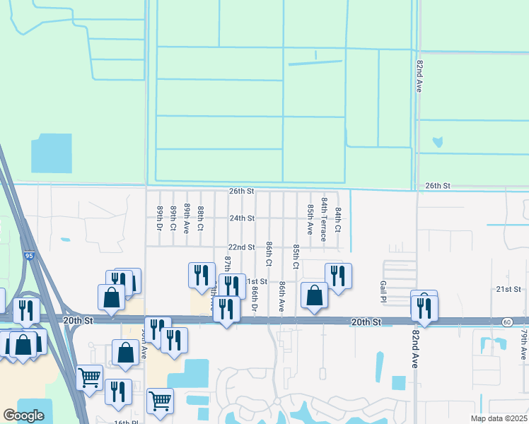 map of restaurants, bars, coffee shops, grocery stores, and more near 2425 86th Ct in Vero Beach