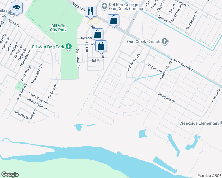map of restaurants, bars, coffee shops, grocery stores, and more near 7230 Bryson Way in Corpus Christi