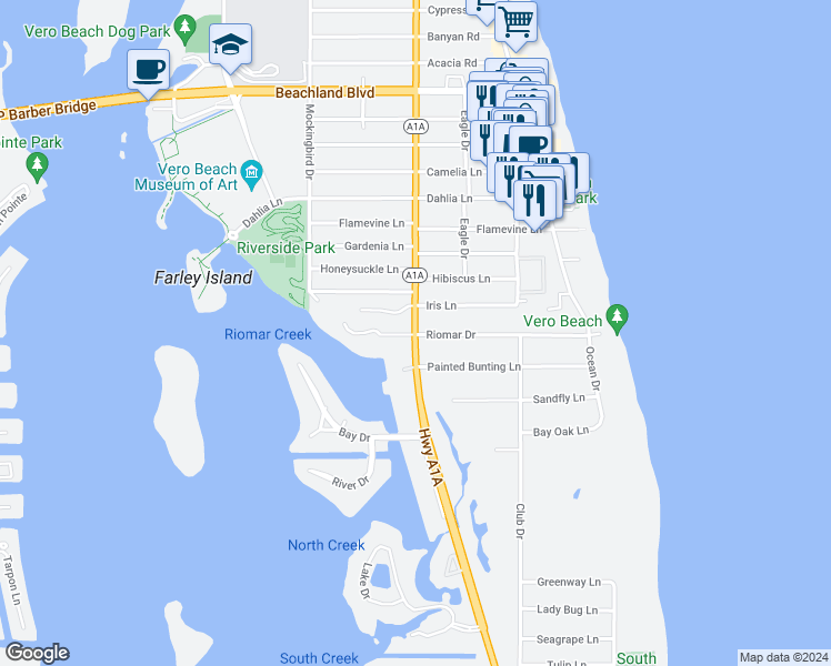 map of restaurants, bars, coffee shops, grocery stores, and more near 2500 Highway A1A in Vero Beach