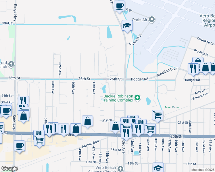 map of restaurants, bars, coffee shops, grocery stores, and more near 2505 45th Avenue in Vero Beach