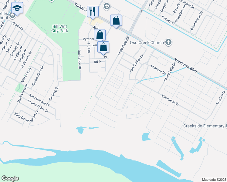 map of restaurants, bars, coffee shops, grocery stores, and more near 7230 Bryson Way in Corpus Christi