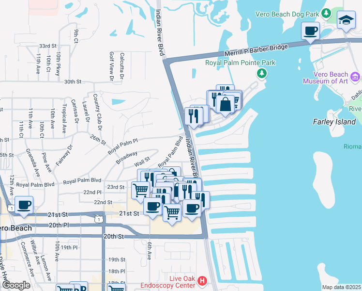 map of restaurants, bars, coffee shops, grocery stores, and more near 523 Royal Palm Boulevard in Vero Beach