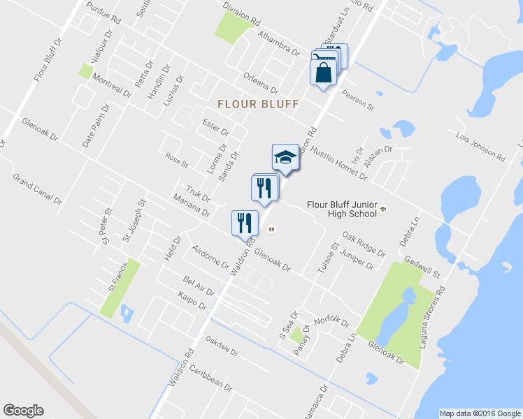 map of restaurants, bars, coffee shops, grocery stores, and more near 2602 Waldron Rd in Corpus Christi