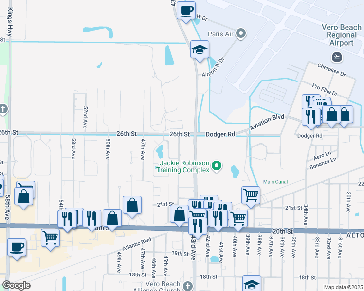 map of restaurants, bars, coffee shops, grocery stores, and more near 2516 44th Avenue in Vero Beach