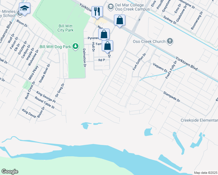 map of restaurants, bars, coffee shops, grocery stores, and more near 7201 Bryson Way in Corpus Christi