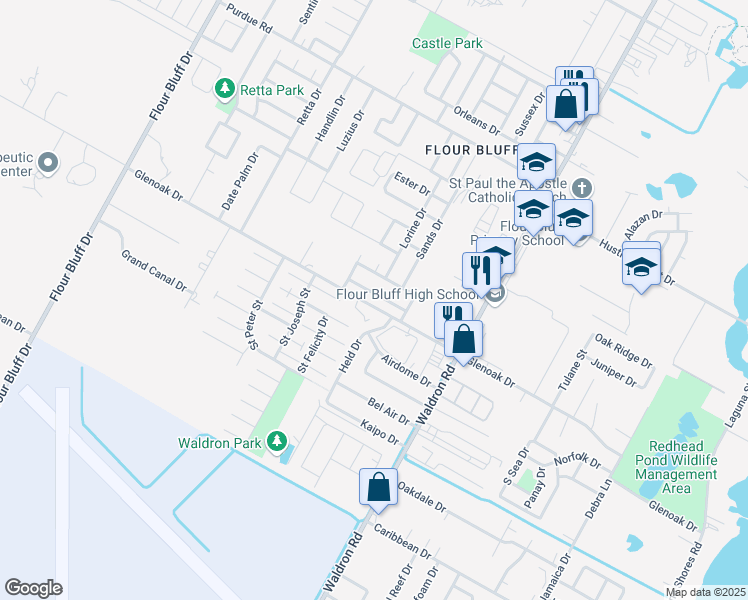 map of restaurants, bars, coffee shops, grocery stores, and more near 729 Mariana Drive in Corpus Christi