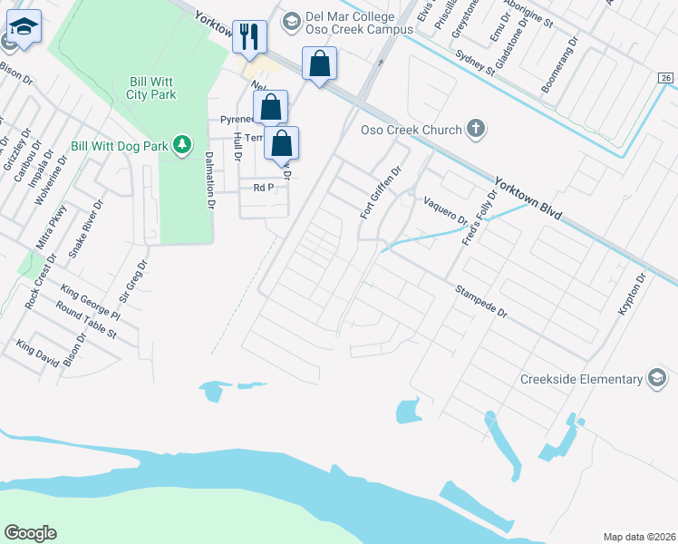 map of restaurants, bars, coffee shops, grocery stores, and more near 7841 Fort Griffen Drive in Corpus Christi