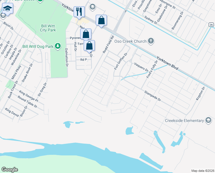 map of restaurants, bars, coffee shops, grocery stores, and more near 7841 Fort Griffen Drive in Corpus Christi
