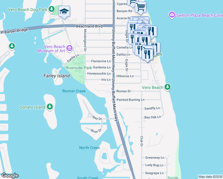 map of restaurants, bars, coffee shops, grocery stores, and more near 655 Riomar Drive in Vero Beach