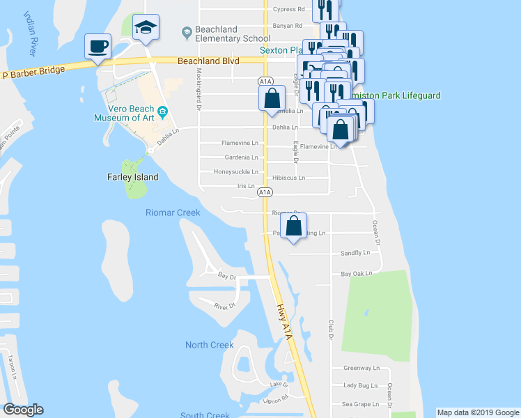 map of restaurants, bars, coffee shops, grocery stores, and more near 655 Riomar Drive in Vero Beach