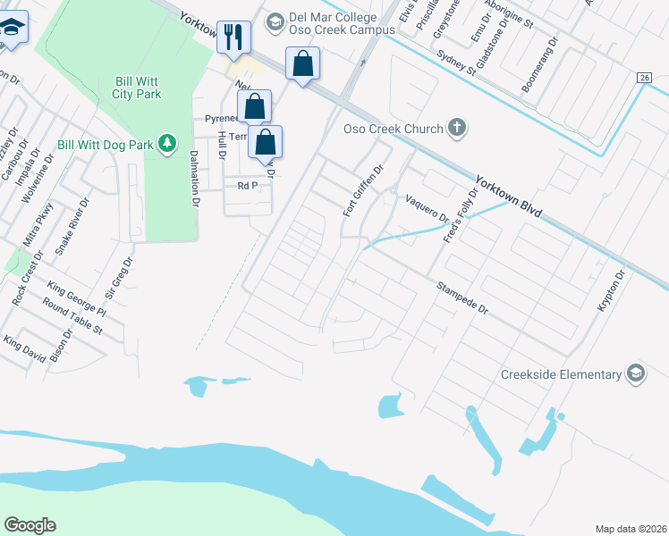 map of restaurants, bars, coffee shops, grocery stores, and more near 7841 Fort Griffen Drive in Corpus Christi