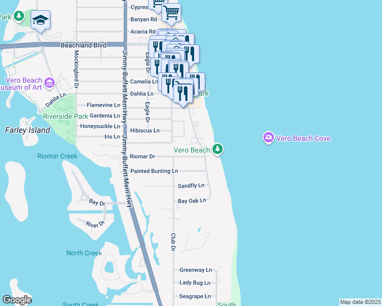 map of restaurants, bars, coffee shops, grocery stores, and more near 955 Riomar Drive in Vero Beach