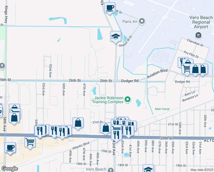 map of restaurants, bars, coffee shops, grocery stores, and more near 2516 44th Avenue in Vero Beach