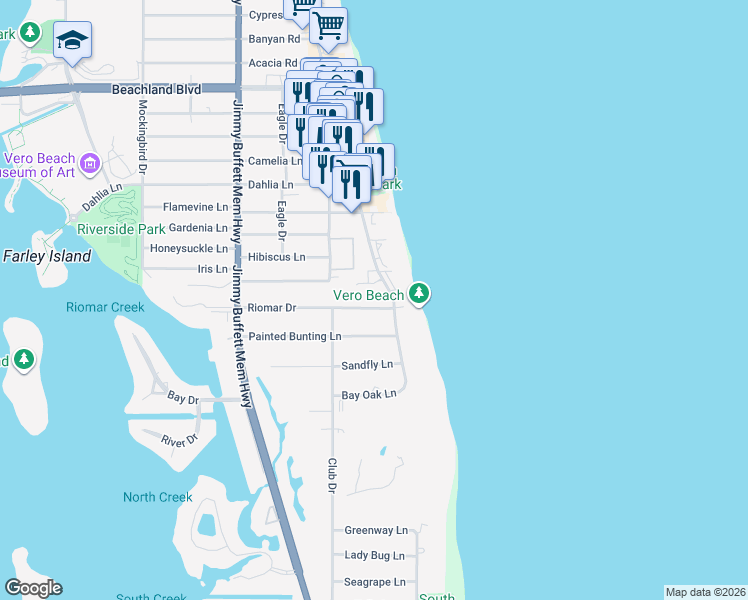 map of restaurants, bars, coffee shops, grocery stores, and more near 955 Riomar Drive in Vero Beach