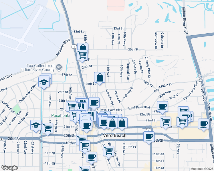 map of restaurants, bars, coffee shops, grocery stores, and more near 1036 25th Street in Vero Beach