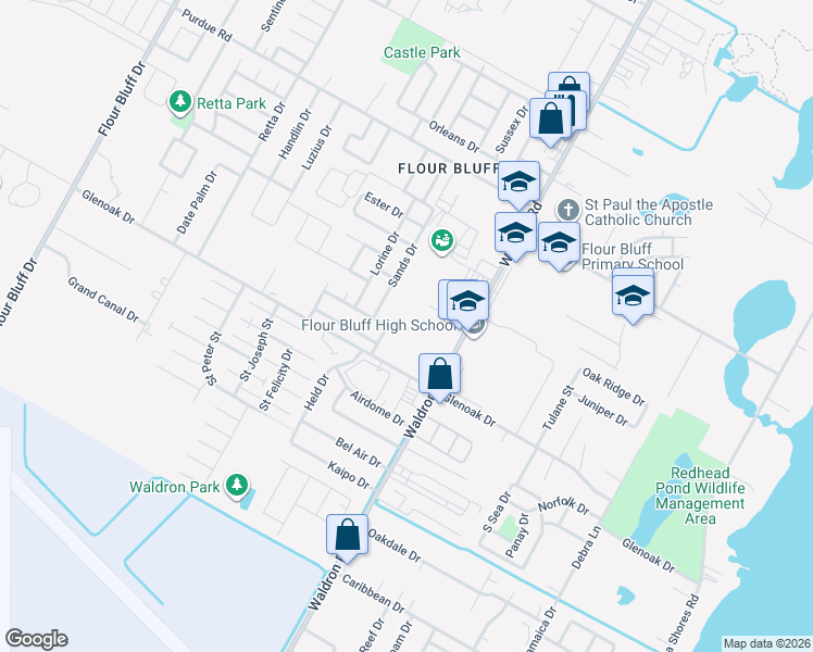 map of restaurants, bars, coffee shops, grocery stores, and more near 705 Truk Drive in Corpus Christi