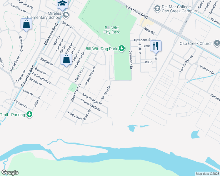 map of restaurants, bars, coffee shops, grocery stores, and more near 6909 King Cowboy Court in Corpus Christi