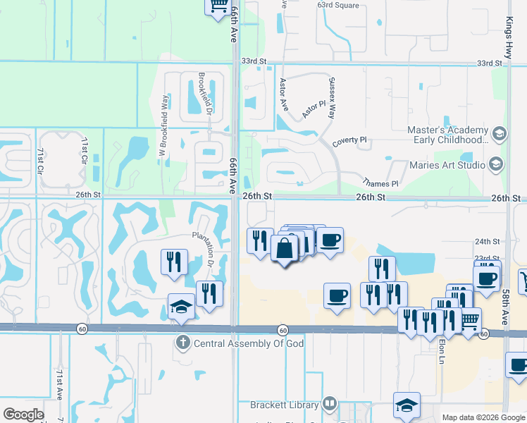 map of restaurants, bars, coffee shops, grocery stores, and more near 2575 65th Avenue in Vero Beach