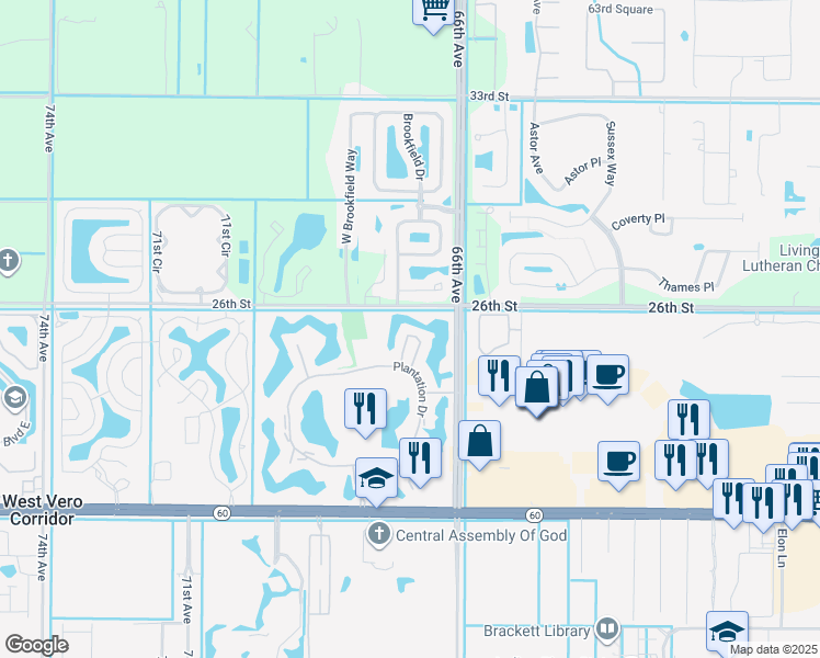map of restaurants, bars, coffee shops, grocery stores, and more near 30 Plantation Drive in Vero Beach