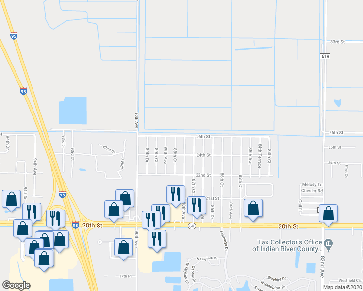 map of restaurants, bars, coffee shops, grocery stores, and more near 2505 88th Avenue in Vero Beach