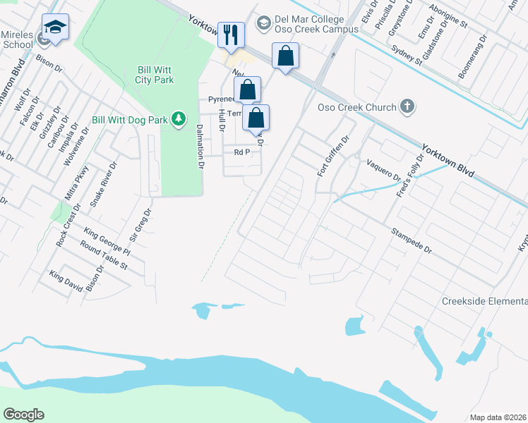 map of restaurants, bars, coffee shops, grocery stores, and more near 7201 Bryson Way in Corpus Christi