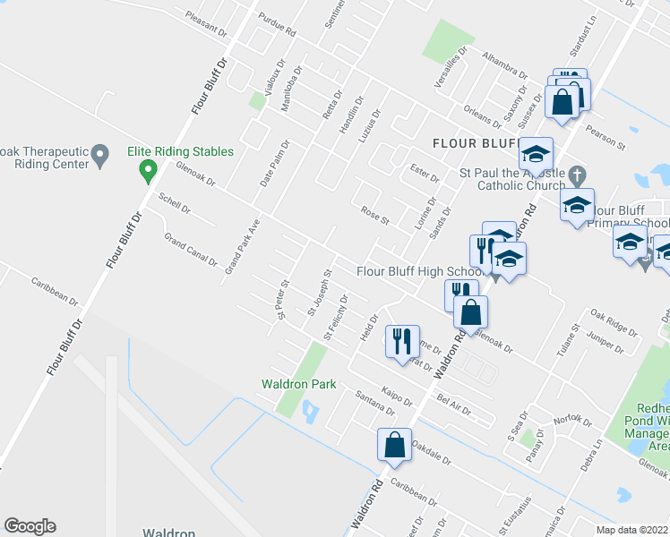 map of restaurants, bars, coffee shops, grocery stores, and more near 733 Saint Bernadine Drive in Corpus Christi