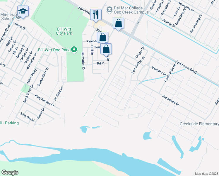 map of restaurants, bars, coffee shops, grocery stores, and more near 7201 Bryson Way in Corpus Christi
