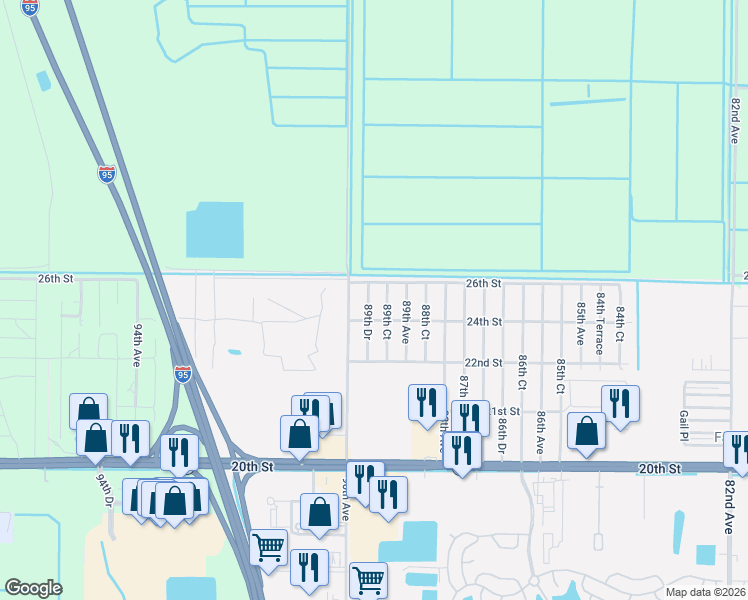 map of restaurants, bars, coffee shops, grocery stores, and more near 2400 89th Drive in Vero Beach