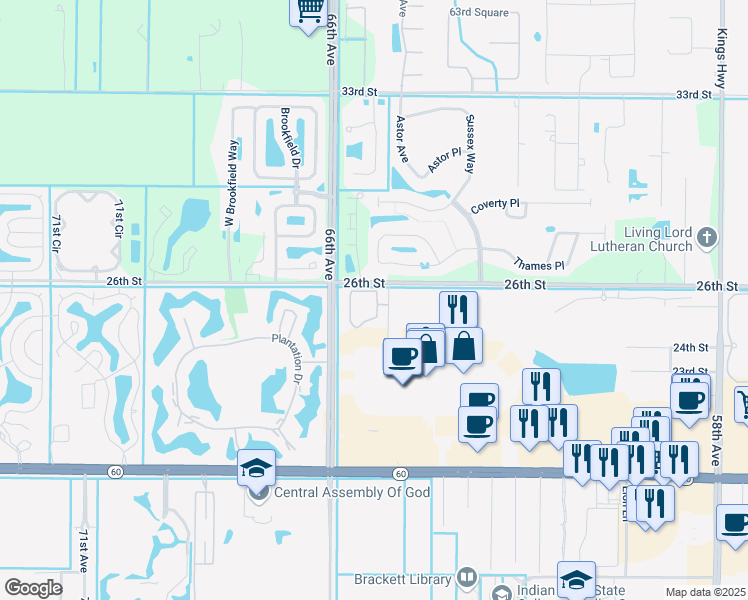 map of restaurants, bars, coffee shops, grocery stores, and more near 2575 65th Avenue in Vero Beach