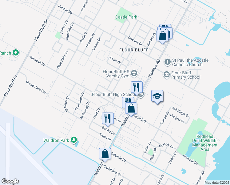 map of restaurants, bars, coffee shops, grocery stores, and more near 702 Mariana Drive in Corpus Christi