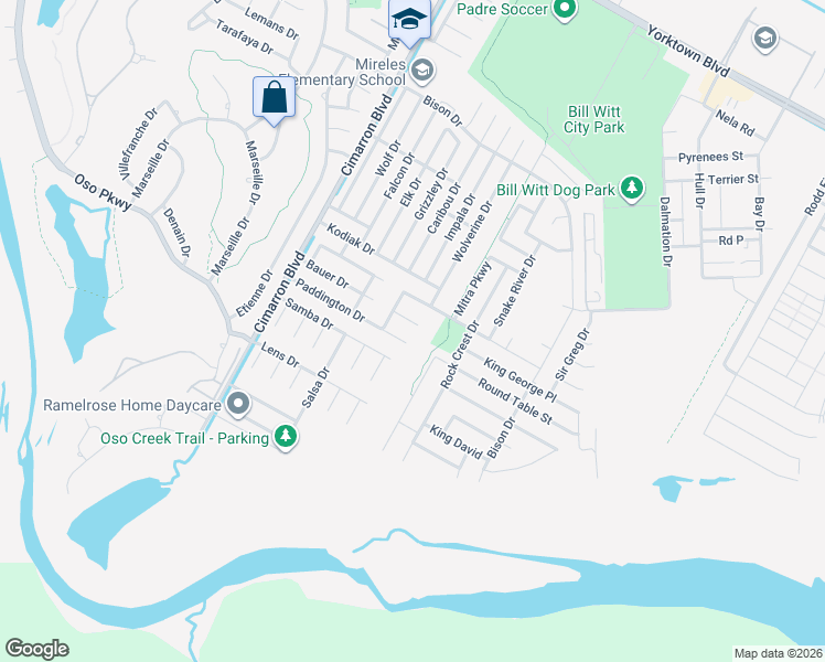 map of restaurants, bars, coffee shops, grocery stores, and more near 6722 Samba Drive in Corpus Christi