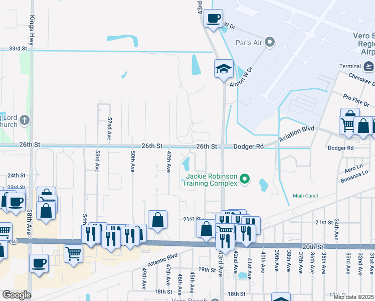 map of restaurants, bars, coffee shops, grocery stores, and more near 2505 45th Avenue in Vero Beach