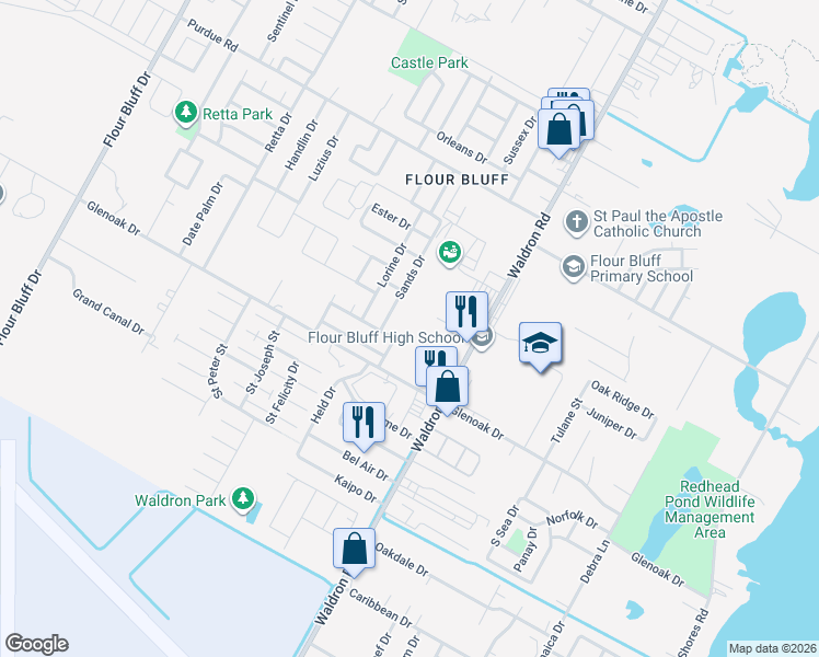 map of restaurants, bars, coffee shops, grocery stores, and more near 705 Truk Drive in Corpus Christi