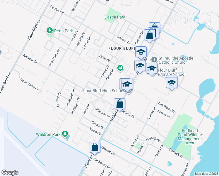 map of restaurants, bars, coffee shops, grocery stores, and more near 705 Truk Drive in Corpus Christi
