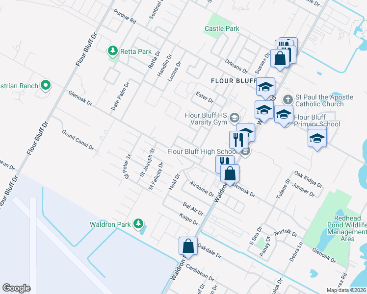 map of restaurants, bars, coffee shops, grocery stores, and more near 729 Mariana Drive in Corpus Christi