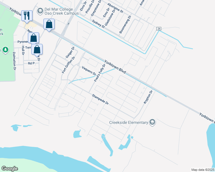 map of restaurants, bars, coffee shops, grocery stores, and more near 7601 Yorktown Boulevard in Corpus Christi