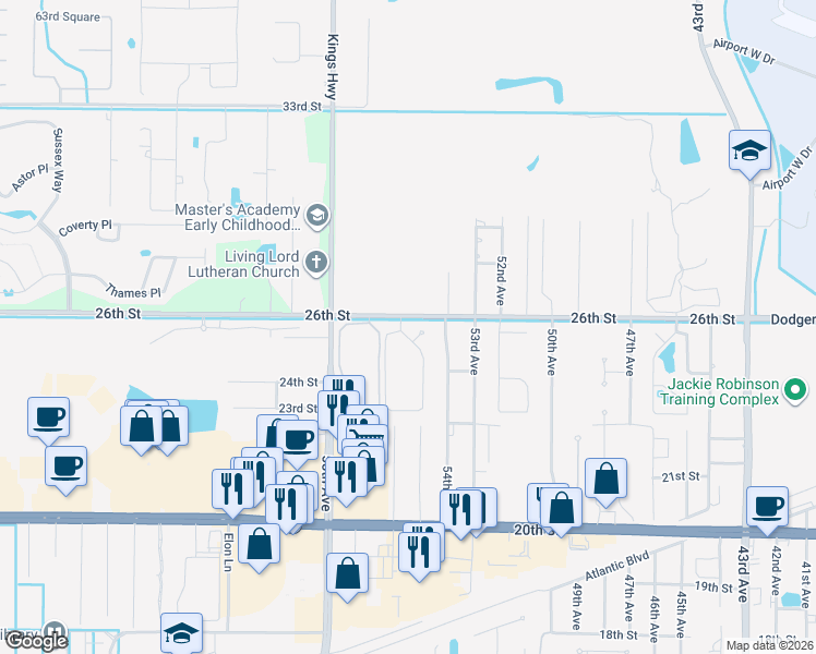 map of restaurants, bars, coffee shops, grocery stores, and more near 2215 55th Square in Vero Beach