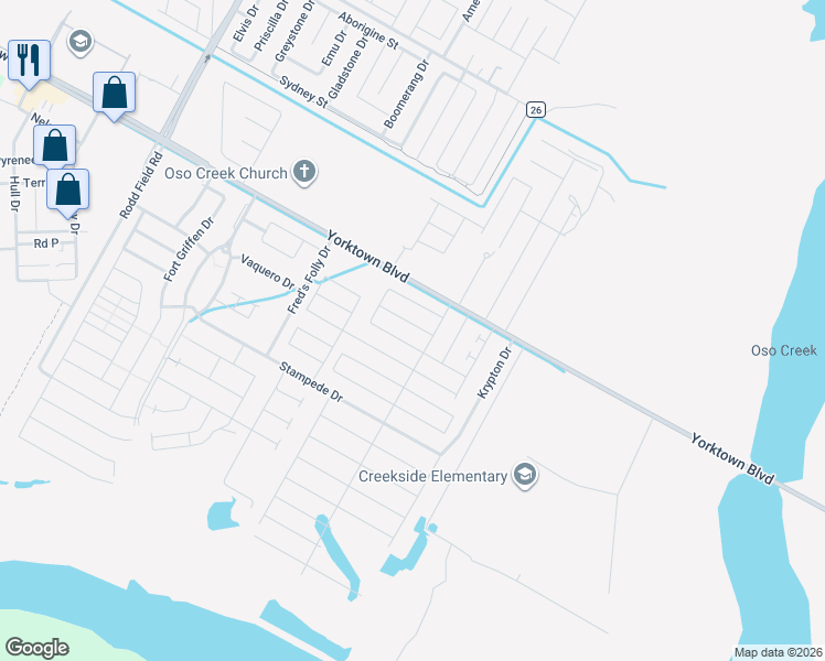 map of restaurants, bars, coffee shops, grocery stores, and more near 7753 Pruet Drive in Corpus Christi